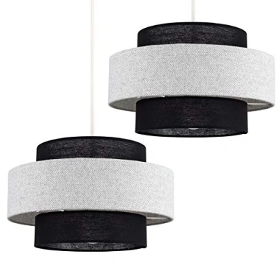 Image of Pair of Modern Cylinder Ceiling Pendant Light Shades in a Black &amp; Grey Herringbone Finish Complete with 10w LED GLS Bulbs [3000K Warm White]