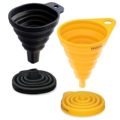 Image of Deiss PRO Silicone Kitchen Funnel Set Rounded &amp; Squared Funnels for Filling Bottles Food Grade, Dishwasher Safe Small of 2 Yellow and Black