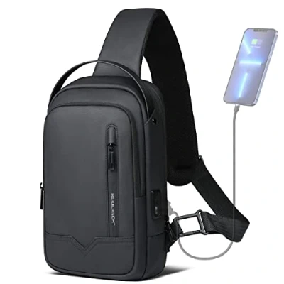 Image of hk Men&#039;s Shoulder Crossbody Chest Waterproof Anti Theft Sling Bag with USB Charging Port for iPad 11.3 Outdoor Sport Travel Casual Office Business (Black)