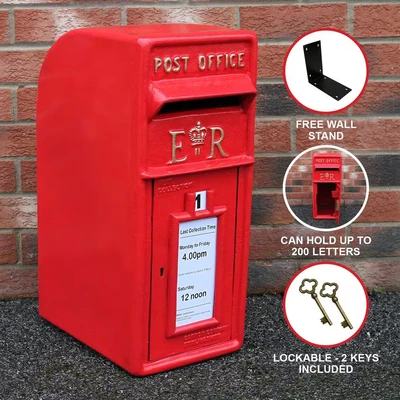 Image of Royal Mail Post Box ER Cast Iron Wall Mounted Wedding Authentic Pillar Replica Lockable Office Letter Red