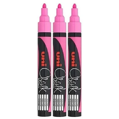 Image of Uni Fluorescent Neon Pink Bullet Tip Nib (1.8 2.5mm) Liquid Chalk Marker Pen Colour Whiteboard Blackboard Chalkboard Menu Glass Windows Wet Wipe Non Permanent (Pack Of 3) PWE 5M