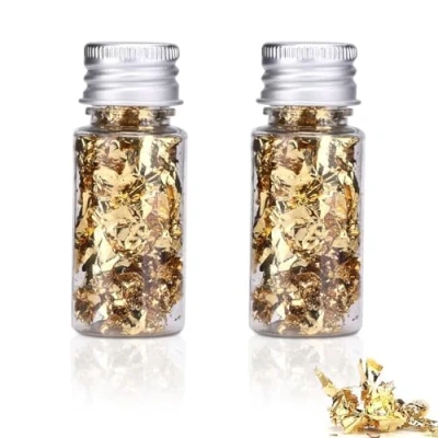 Image of 2 Pcs Gold Leaf Flakes,2 Bottles Flakes Foil,Edible Leaf,Gold Cake Sprinkles Board Multifunction Foil Paper Food Decorating Paper,Cupcake Toppers for Chocolate