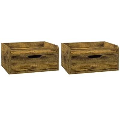 Image of HOMCOM Floating Nightstand Set of 2 Wall Mounted Bedside Table with Storage Drawer for Bedroom, Rustic Brown