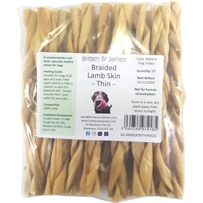 Image of Britten and James 20 Thin Braided Lamb Skin Sticks for Dogs (280g). Natural Long Lasting Dog Chew Treats Hypoallergenic, Gluten Grain Free
