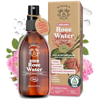 Image of Bionoble Organic Rose Water 200ml 100% Pure and Natural Damask Hydrolat Face, Eye Contour, Body, Hair Glass Bottle + Spray