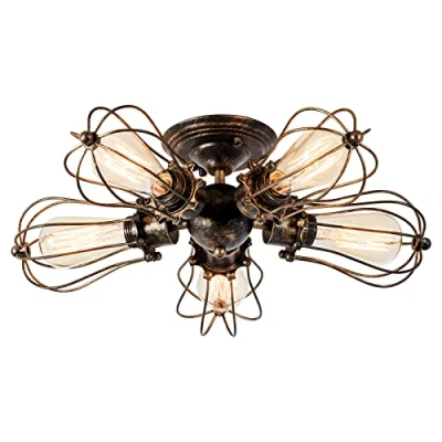 Image of Luling Vintage Ceiling Light Industrial, Chandeliers E27 Socket Metal Wire Cage Lamp Semi Flush Mount Rustic Fixtures (No Bulb) (with 5 Light) (Bronze)