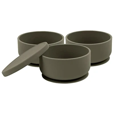 Image of Tiny Dining Baby Bowl with Suction Cup and Lid Silver Sage Pack of 3 Non Slip Silicone Toddler Weaning Feeding Set for Baby, Toddler, Kids
