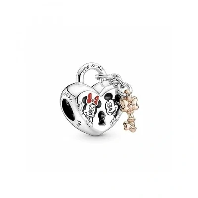 Image of Pandora Disney Minnie and Mickey heart padlock key sterling silver 14k rose gold plated charm with red, white black enamel