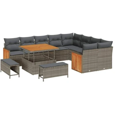 Image of vidaXL 12 Piece Garden Sofa Set with Cushions Grey Poly Rattan Acacia