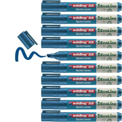 Image of edding 32 EcoLine flipchart marker blue box of 10 chisel nib 1 5 mm for writing, drawing on paper does not bleed through dry out refillable
