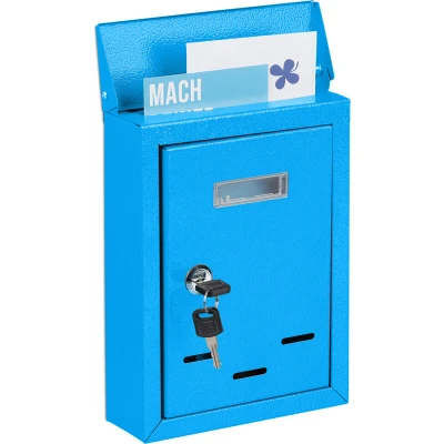 Image of Relaxdays Letter Box with Name Plate, 10% plastic 90% iron, Blue, 26.5 x 19 6.5 cm