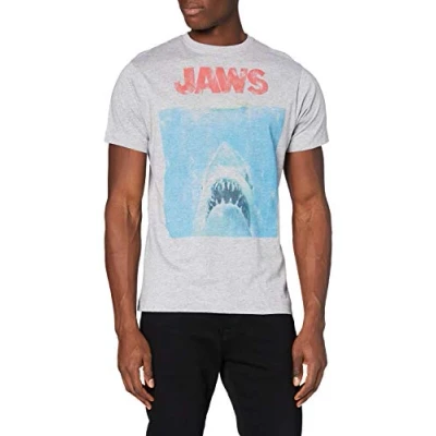 Image of Jaws Men&#039;s Movie Poster T Shirt, Grey (Grey Marl Spo), S UK