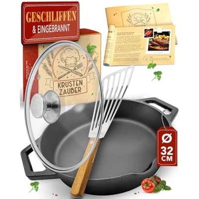 Image of KRUSTENZAUBER Cast Iron Pan Induction 32 cm Double Handle Includes Lid and Spatula Polished Pan,