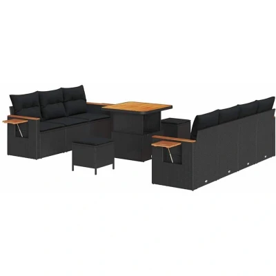 Image of vidaXL 10 Piece Garden Sofa Set with Cushions Black Poly Rattan