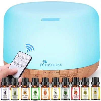 Image of Diffuserlove Essential Oil Diffuser 500ML Remote Control Ultrasonic Aromatherapy Cool Mist Humidifiers with Mute Design, Timer and Waterless Auto Shut off, 7 Color LED for Office Living Room