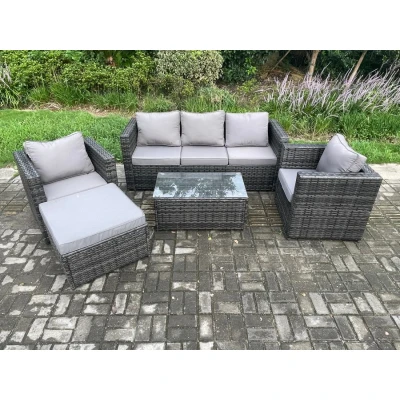 Image of Rattan Garden Furniture Set with 3 Seater Sofa Coffee Table 2 Armchairs Big Footstool Indoor Outdoor Patio Lounge Dark Grey Mixed Fimous