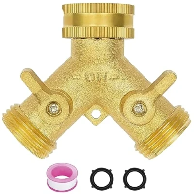 Image of 2 Way Garden tap Splitter, Connector with Individual On/Off and Two Quick Connector, 3/4&quot; Y Splitter Brass Hose Connector,Garden Way,Brass Outdoor