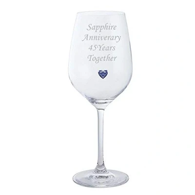 Image of Chichi Gifts 2 Sapphire Anniversary 45 Years Together Pair of Dartington Crystal Wine Glasses with Blue Heart Gem