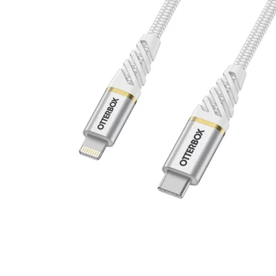 Image of OtterBox Premium Reinforced Braided USB C to Lightning Cable, MFi Certified, Fast Charging Cable for iPhone and iPad, Ultra Rugged, Bend Flex Tested, 1M, White