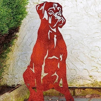 Image of LOGI Boxer Garden Ornament Mom Her Woman Dog Statue English Mastiff Themed Sculpture Door Stop Metal Figure Silhouette (Natural Oxidised)