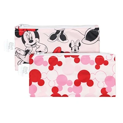 Image of Bumkins Disney Reusable Snack Bags, for Kids School Lunch and Adults Portion, Washable Fabric, Waterproof Cloth Zip Bag, Supplies Travel Pouch, Food Safe, 2 pk Minnie Mouse Classic
