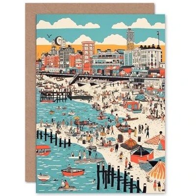 Image of Artery8 Brighton Beach Warm Summer Day Colourful Linocut Travel Birthday Sealed Greeting Card Plus Envelope Blank inside
