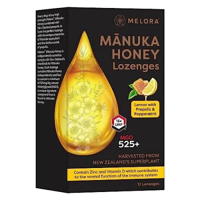 Image of Melora High Strength Manuka Honey Lozenges 525+ MGO UMF 15 with Propolis Naturally Soothing for Sore Throat Relief and Immunity Lemon &amp; Peppermint Flavour Pack of 12 (48g)