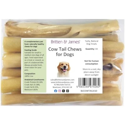 Image of Britten and James 10 Thin Cow Tails for Dogs (15cm length). 100% Natural Beef Dog Treat Chew Long Lasting Dental Stick