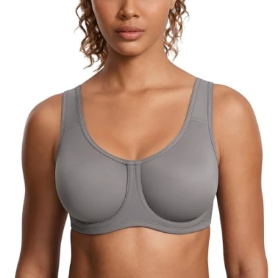 Image of SYROKAN Women&#039;s Max Control Solid High Impact Plus Size Underwire Sports Bra for Large Breasts Deep Gray 42E
