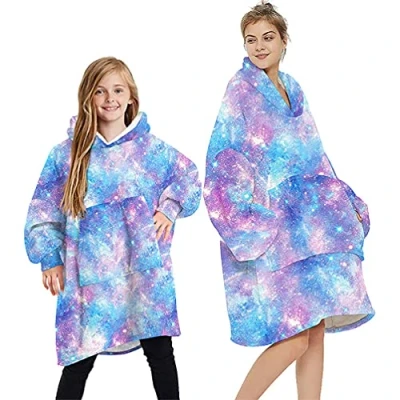 Image of YOULIKE Oversized Blanket Hoodie for Women, Girls Sherpa Fluffy Fleece Wearable Hooded with Big Pocket(Blue Galaxy)