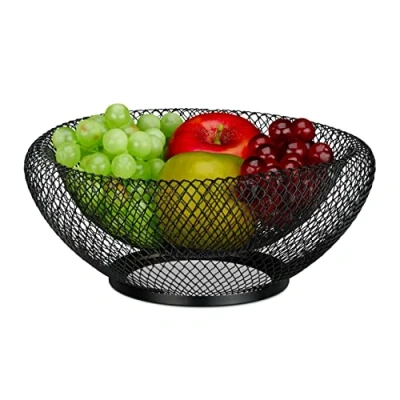 Image of Relaxdays Metal Bowl, Round Wire Basket, Mesh Design, Double Wall, 10 x 25 cm, Fruits, Bread &amp; Vegetables, Black, Iron
