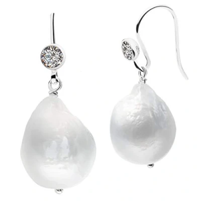 Image of Women Pearl Earrings Freshwater Cultured Pearls Baroque Edison Shape 13 to 13.5 mm with Zirconia SECRET &amp; YOU Rhodium plated Sterling Silver of 925.