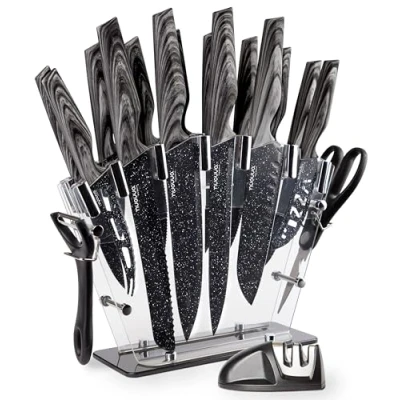 Image of nuovva Professional Kitchen Knife Set with Block Granite 17 Pcs Knives Sharpener Peeler and Scissors Clear Acrylic High Carbon Stainless Steel Blades Wood Affect Handle