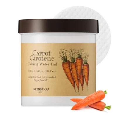 Image of SKINFOOD Carrot Carotene Calming Water Pad 250g (8.81 oz.) 60 Sheets Redness Relief Soothing Facial Cotton Pads for Sensitive Skin, Vegan, Cruelty Free, Dermatologically Tested Face