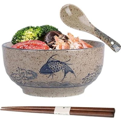 Image of Ramen Bowl, Bowl Set, Japanese Ceramic with Spoon, Chopsticks, Soup Bowls, Porcelain, Salad Bowls