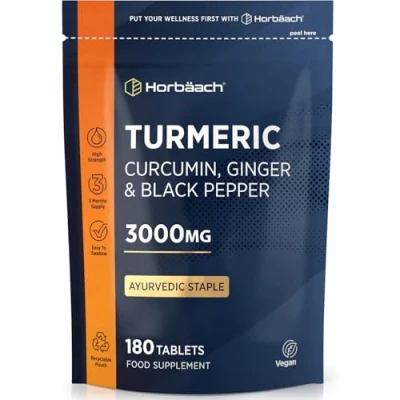 Image of Turmeric Tablets 3000mg with Black Pepper, Ginger and Curcumin Extracts High Strength Supplement 180 Vegan (Not Capsules) by Horbaach