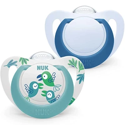 Image of NUK Star Baby Dummy 6 18 Months BPA Free Silicone Soothers Blue Birds 2 Count