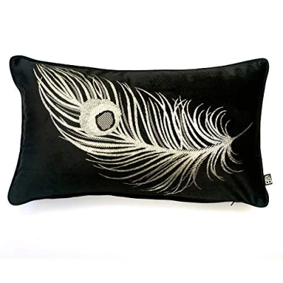 Image of Laurence Llewelyn Bowen Black &amp; Gold Velvet Cushion 30 x 50cm Filling/Padding Included Metallic Printing Luxury Peacock Matching Bedding Available Gifts