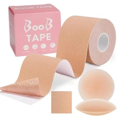 Image of Frizco Boob Tape with 2pcs Silicone Nipple Covers, Boobtapes for Dresses, Invisible Booby Tape, Adhesive Breast Lift Bra Large Breasts A G Cup, Skin Friendly Tit Beige