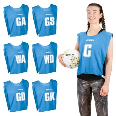 Image of FORZA Pro Netball Bibs [7 Pack] Full Player Position Bib Pack Available in 7 Colours Breathable and Comfortable for Schools &amp; Clubs (Blue, Large)