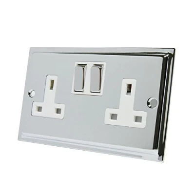 Image of Slimline Polished Chrome 2 Gang Socket White Insert Metal Rocker Switches 13 Amp Double Plug