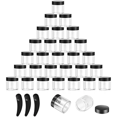 Image of 30PCS Sample Pots, Plastic Refillable Cosmetic Containers with lid, 3 Mini Spatula Empty for Eye Shadow Lip Balm and Nail Powder (10ml/10g) (black)
