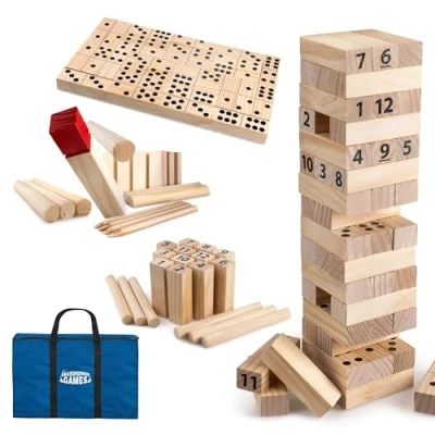 Image of Grasshopper Games 4 in 1 Garden Party Game, Giant Dominoes, Kubb, Stack ‘N’ Fall, Outdoor Family Game for Kids and Adults
