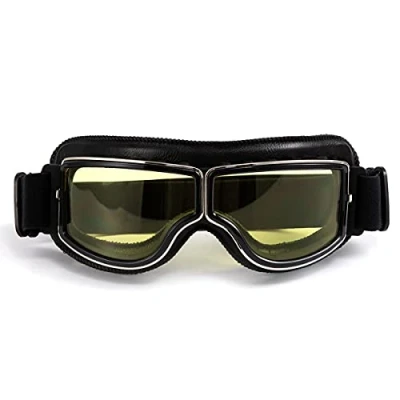 Image of evomosa Motocross Goggles PU Leather Windproof Glasses for Women Men sunglasses (Black Frame, Yellow Lens)