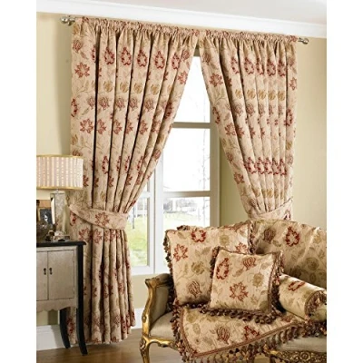 Image of Paoletti Zurich Pencil Pleat Curtains (Pair), Champagne Cream, Floral Jacquard Design, Matching Tiebacks, Room Darkening, 100% Polyester, 168cm width x 183cm drop (66&quot; 72&quot; inches)