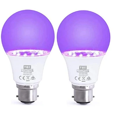 Image of TBE LIGHTING UV LED Bulbs 2 Pack 9w Ultra Violet Black Light B22 Standard Bayonet Fitting 395 400nm wavelength, Energy Saving Long Life A60 Bulb 20,000Hrs Expectancy