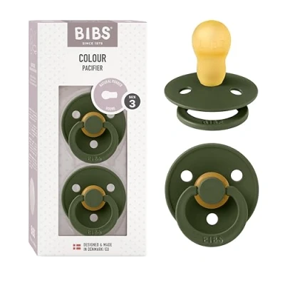 Image of BIBS Colour Soother 2 Pack, BPA Free Dummy Pacifier, Round Nipple. Natural Rubber Latex, Made in Denmark, Size 3 (18+ Months), Hunter Green