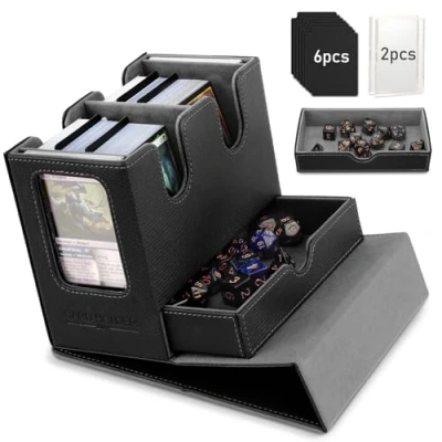 Image of TiMOVO MTG Deck Box, Commander Card Box with Display &amp; Dice Tray Fits 400+ Unsleeved Cards, Leather Magnetic Storage Case 6 Dividers for TCG CCG Magic Black+Grey