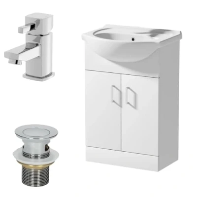 Image of Affine 550mm Bathroom Vanity Unit and Basin Sink Gloss White Floorstanding Misa Tap Waste Bundle Set