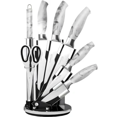 Image of Kitchen Knife Set with Block 8pcs White Marble Stainless Steel Knives Spinning Sharp Cooking by Nuovva